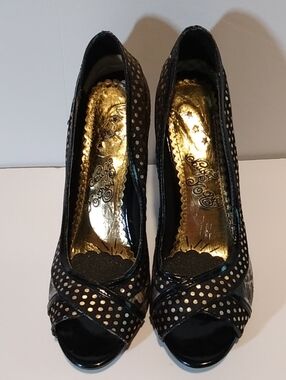 Naughty Monkey Black Peep-Toe Heels with Gold Metallic Insole